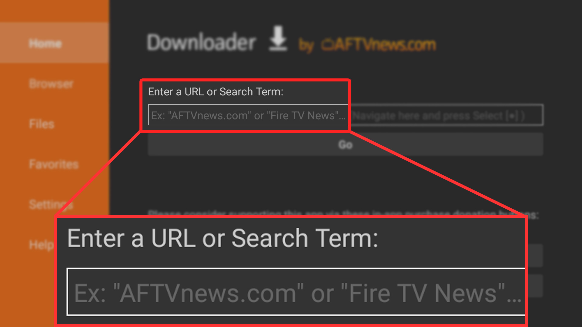 The Downloader URL field where the app code is typed
