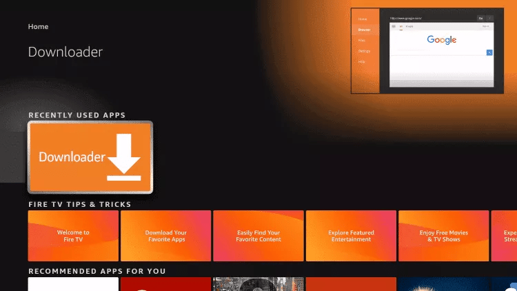 Downloader listed under recently used apps on Fire TV