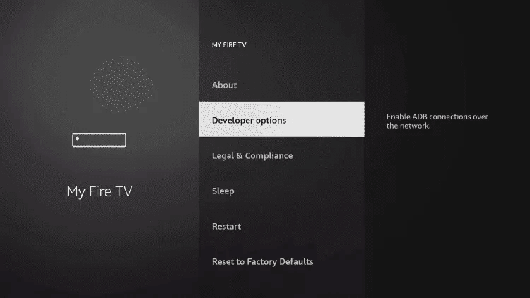 Fire TV developer options with install unknown apps enabled